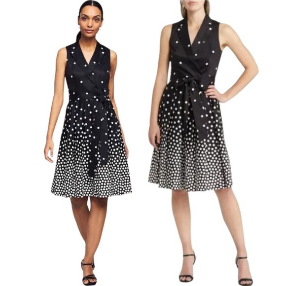 AnneKlein Cotton Fit Flare Faux Wrap Black White Polka Dot Midi Dress Us6 Medium - Picture 13 of 13